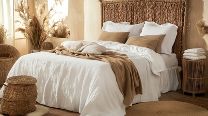 Cozy bedroom featuring oversized woven headboard and organic cotton bedding in warm neutral tones