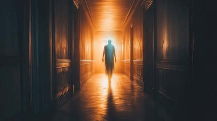 Ghostly apparition floating in a dark hallway, eerie light, haunted mansion vibes 