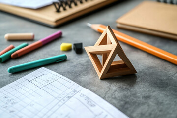 Creative workspace is a wooden geometric shape with office supplies scattered on the table