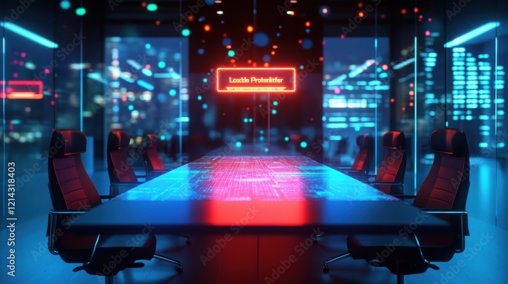 Poster futuristic empty meeting room with digital table displaying location prohibited message and red and 
