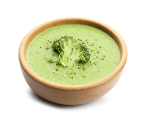 Delicious broccoli cream soup in bowl isolated on white