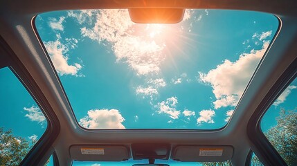 Looking up through the sunroof hatch of a car on a sunny day, with the blue sky above and light streaming in, evoking a feeling of relaxation.