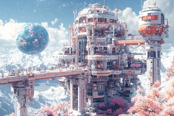 Futuristic city under a pastel sky with cherry blossoms