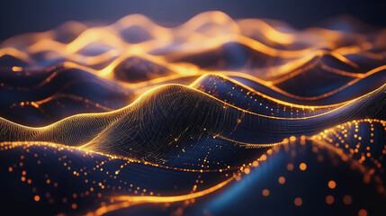 Abstract digital background electromagnetic wave background Innovation digital wave, information technology background and green luxury background with golden line decoration and curve light effect