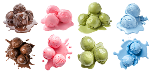 Set of pile stack of melt melting Ice cream scoop balls, top front view on transparent cutout PNG. Many different flavour, Chocolate, strawberry, vanilla, blueberry. Mockup template for artwork design