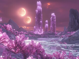 Ethereal Landscape with Twin Moons and Crystal Structures