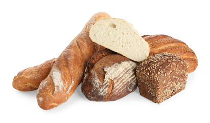 Different freshly baked bread loafs isolated on white