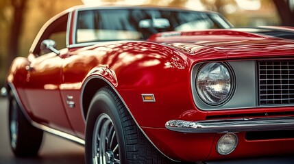 Close-up of a classic American muscle car, focusing on its striking body lines, powerful engine, and classic automotive design.