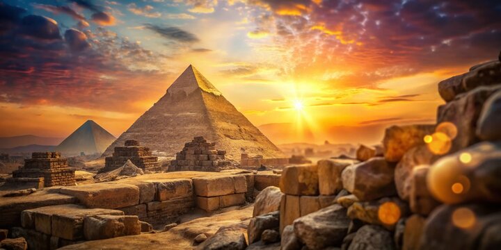 Giza Pyramid Khafra Ruins - Egypt, Bokeh Effect Stock Photo