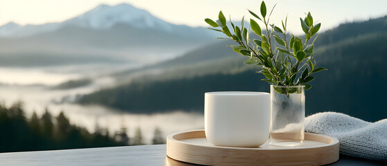 Relaxing morning with plants and drink mountain view nature scene tranquil atmosphere close-up perspective