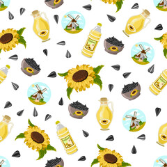 Pattern with sunflower and seeds.Vector seamless pattern with sunflower, seeds and bottled oil on a transparent background.