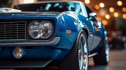 close-up of an American muscle car, highlighting its bold front grille, polished chrome, and aggressive stance.