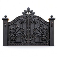 A photostock of an elegant wrought-iron gate with intricate patterns, standing on a white background, ideal for architectural themes. High Quality