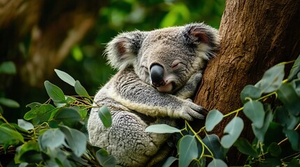 Obraz premium Sleeping koala clinging to eucalyptus tree.