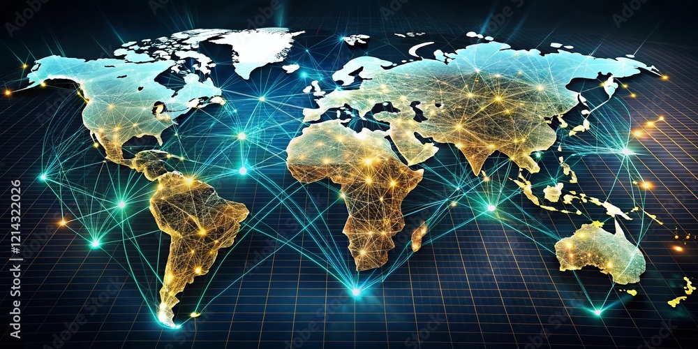 Poster global internet network: world map showing telecom & ai connectivity
