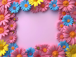 Fototapeta premium A vibrant floral frame with pink, blue, and yellow flowers on a soft pink background.