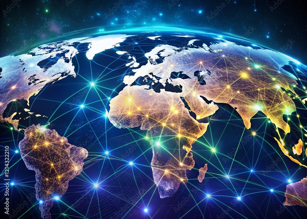 Poster global network visualization: interconnected nodes on world map, showing data flow and digital commu