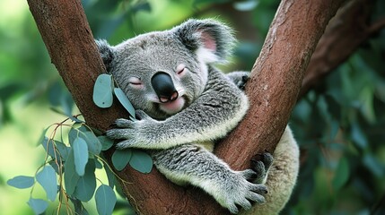 Obraz premium Sleepy koala bear hugging tree trunk, eucalyptus leaves.