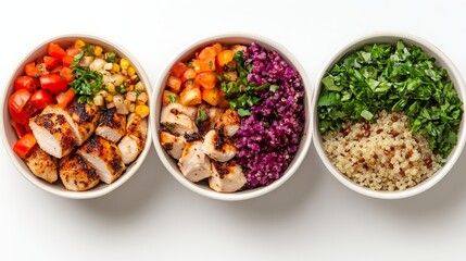 Colorful Display of Culinary Delights in Three Distinctive Bowls Featuring Fresh Vegetables Savory Grains and Delectable Sauces Creating a Vibrant and Inviting Dining Experience