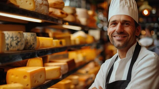 This professional cheesemonger stands confidently amidst various cheese varieties. - Powered by Adobe