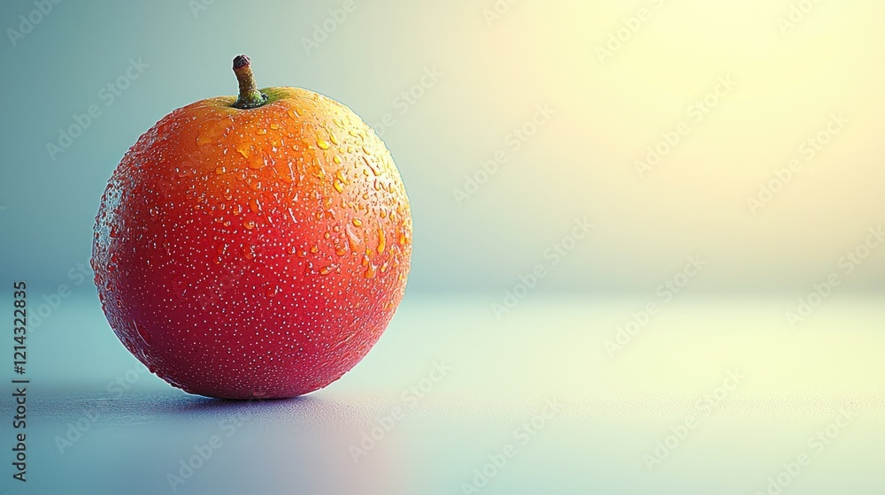 Poster vibrant red apple with colorful particles on smooth surface, illuminated by soft warm light