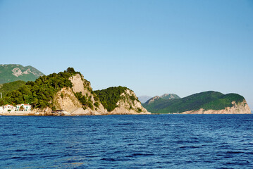 Fototapeta premium Seascape sun, pond sea outside, ocean wave, nature scenery Petrovac Montenegro