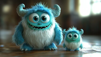 Fototapeta premium Two Adorable Fuzzy Blue Monsters Standing Together