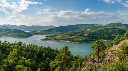 Panoramic view of serene lake nestled in green hills, sunny summer day, travel destination