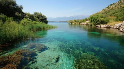 Naklejka premium Crystal-clear river flows to turquoise lake, mountains backdrop, summer day, nature scene, travel