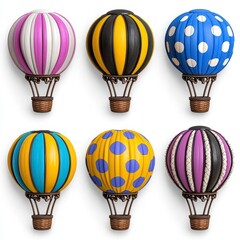 A photostock of colorful hot air balloons in a variety of patterns and designs, floating on a clean white background, symbolizing travel and freedom. High Quality