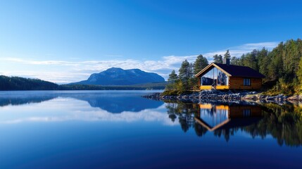 Naklejka premium Lakeside cabin reflection, mountain view, tranquil scene, nature escape