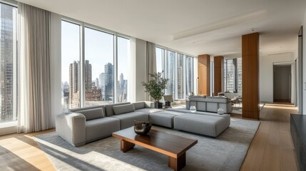 Fototapeta premium Spacious modern living room with a minimalist gray sofa, a coffee table, and large windows letting in natural light