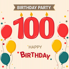 100 Year Anniversary. Postcard candles and balloons. Party invitation. 