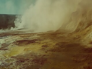 Geothermal landscape, steam vents, Yellowstone, hot springs, background hills, travel photography