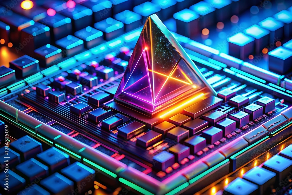 Poster glowing triangular circuit board keyboard - abstract tech background