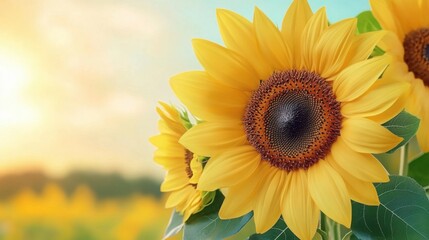 Obraz premium A vibrant close-up of large sunflowers facing the golden light of a setting sun