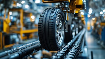Fototapeta premium Tire balancing machine operating on a car wheel in an auto repair shop, emphasizing the technology and expertise in maintaining vehicle performance.