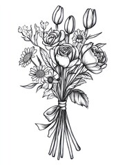 A beautiful black and white floral bouquet drawing