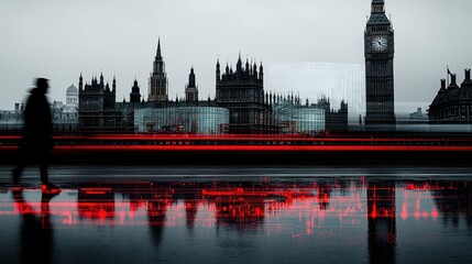 London cityscape with blurred pedestrian and red light trails.