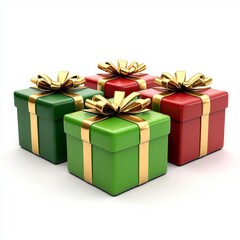 Obraz premium A photostock of gift boxes in red, green, and gold with decorative ribbons, placed neatly on a clean white background, symbolizing celebration and festivity. High Quality