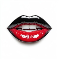 Fototapeta premium A photostock of glossy black lips with bold lipstick, set on a white background, ideal for beauty and fashion concepts. High Quality