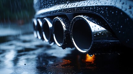 Close-up of gleaming luxury car exhaust tips with raindrops under night lights, emphasizing the premium finish and modern automotive style.