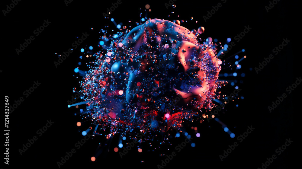 Poster digital particles dynamically forming a vibrant 3d structure in an abstract visual display