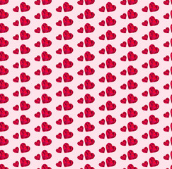 Seamless pattern of vibrant low-poly red hearts set against a soft light pink background. Evokes feelings of love, making it perfect for Valentine's Day themes. Promotes a sweet and charming aesthetic