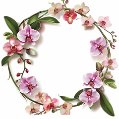 A decorative circular arrangement of colorful orchids with green leaves.