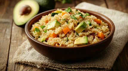 Quinoa salad featuring roasted vegetables and avocado in a rustic wooden bowl