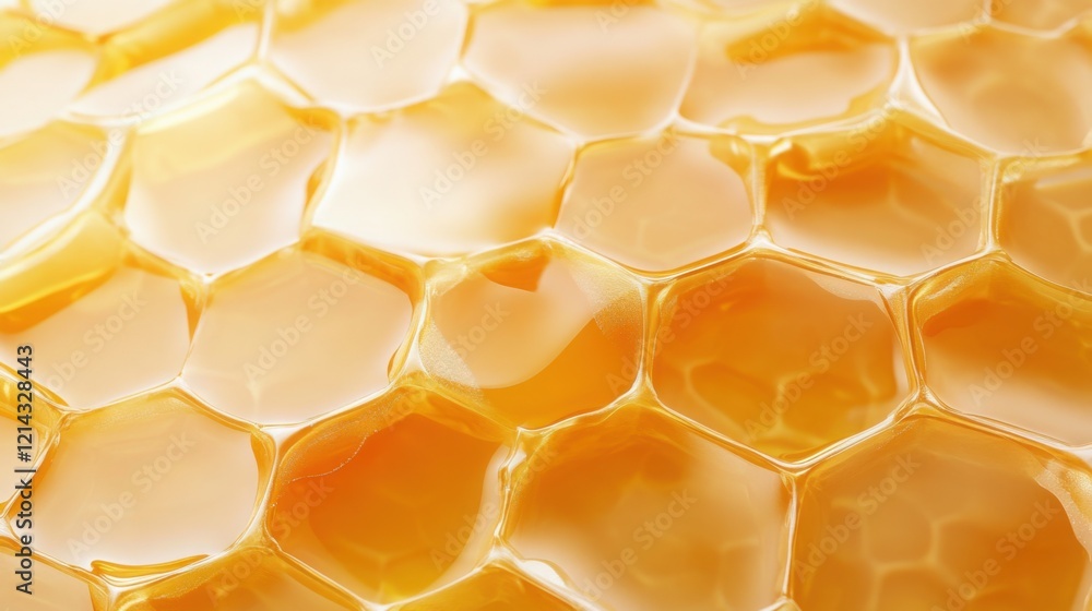Poster honeycomb texture, showing the golden hexagonal pattern filled with fresh, glossy honey