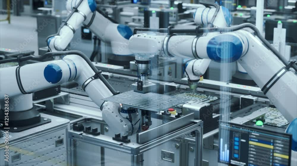 Poster industry 4.0: autonomous electronics factory with precision robotic arms at work. facility operating
