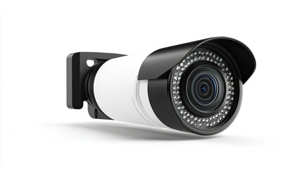 Weatherproof CCTV camera with mounting bracket, isolated on a pure white background