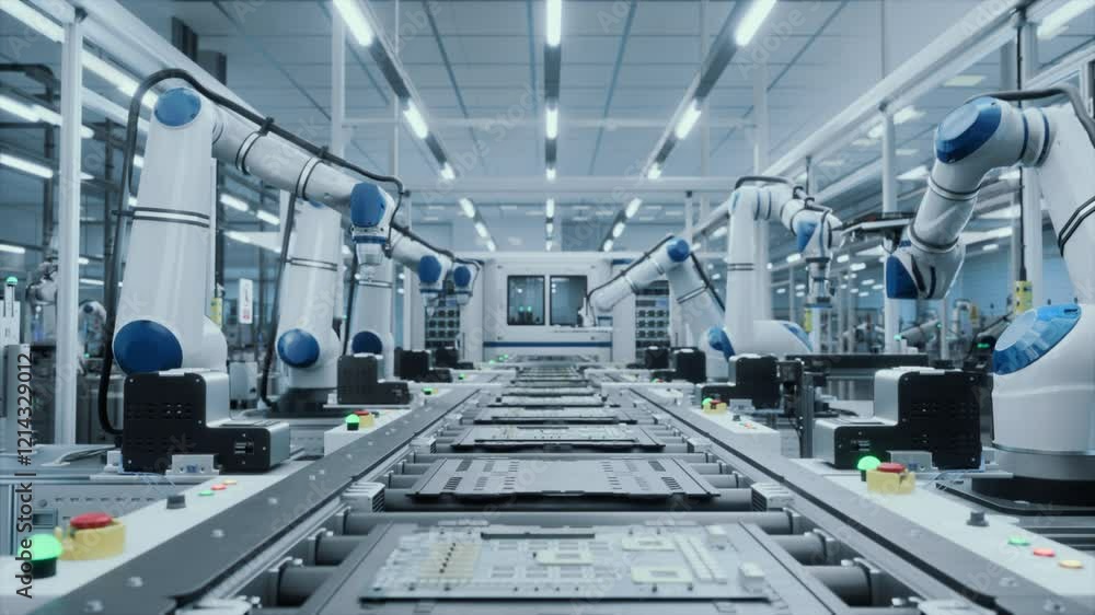 Poster automated production line for circuit boards. manufacturing conveyor operating without technicians a